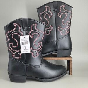 Canyon Trails Cowboy Boots Kids Size 3 Black‎ Red Stitching Western Rodeo NIB